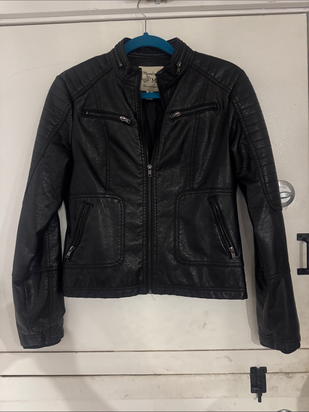 Maralyn & Me Black Faux Leather Moto Jacket with Quilted Shoulders